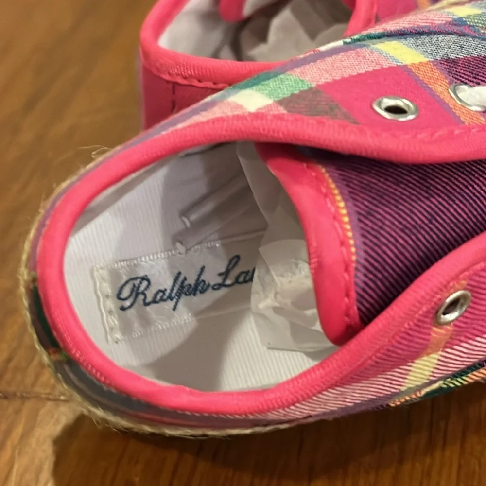 Polo Ralph Lauren Pink Plaid Bowman Lace Crib Shoes Sneakers Girls Baby Size 2